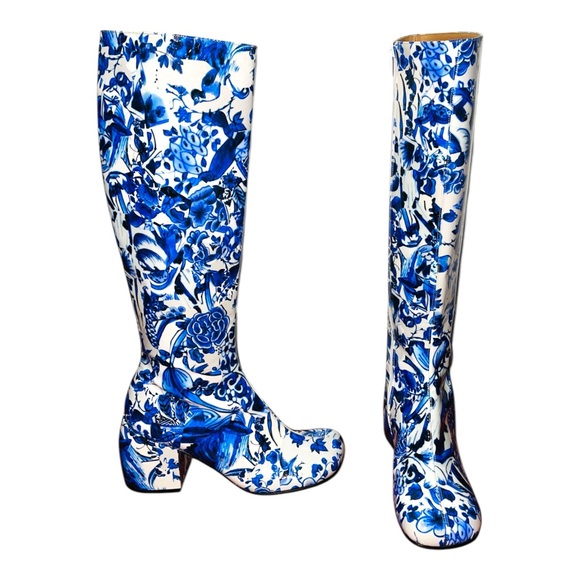 DRIES VAN NOTEN Blue White Fine China Unisex Patent Leather Boots 42 - Picture 2 of 5
